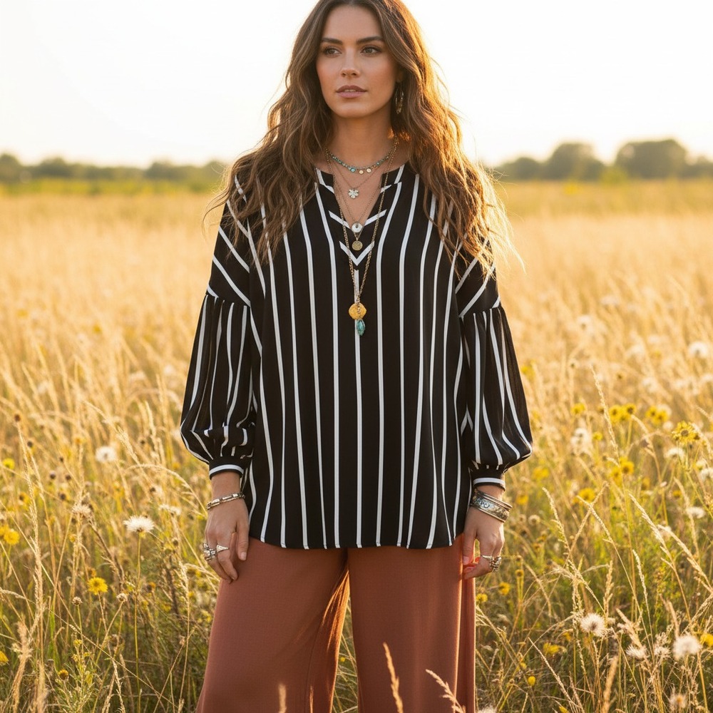 Loft Top Black Striped Balloon Sleeve Oversized Boho Retro Chic LS Monochrome XS